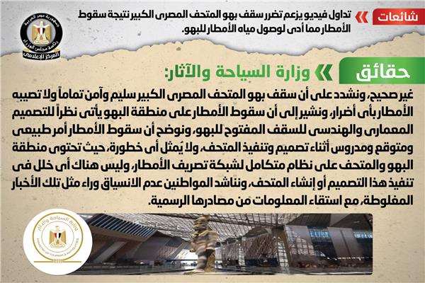   الحكومة تنفي تداول فيديو يزعم تضرر سقف بهو المتحف المصري الكبير