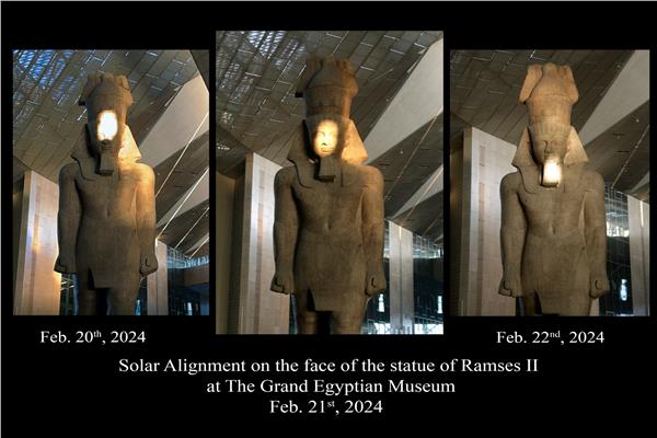  تعامد الشَّمْس على وجه الملك رمسيس الثانى يوم 21 فبراير داخل البهو بالمتحف المصري الكبير